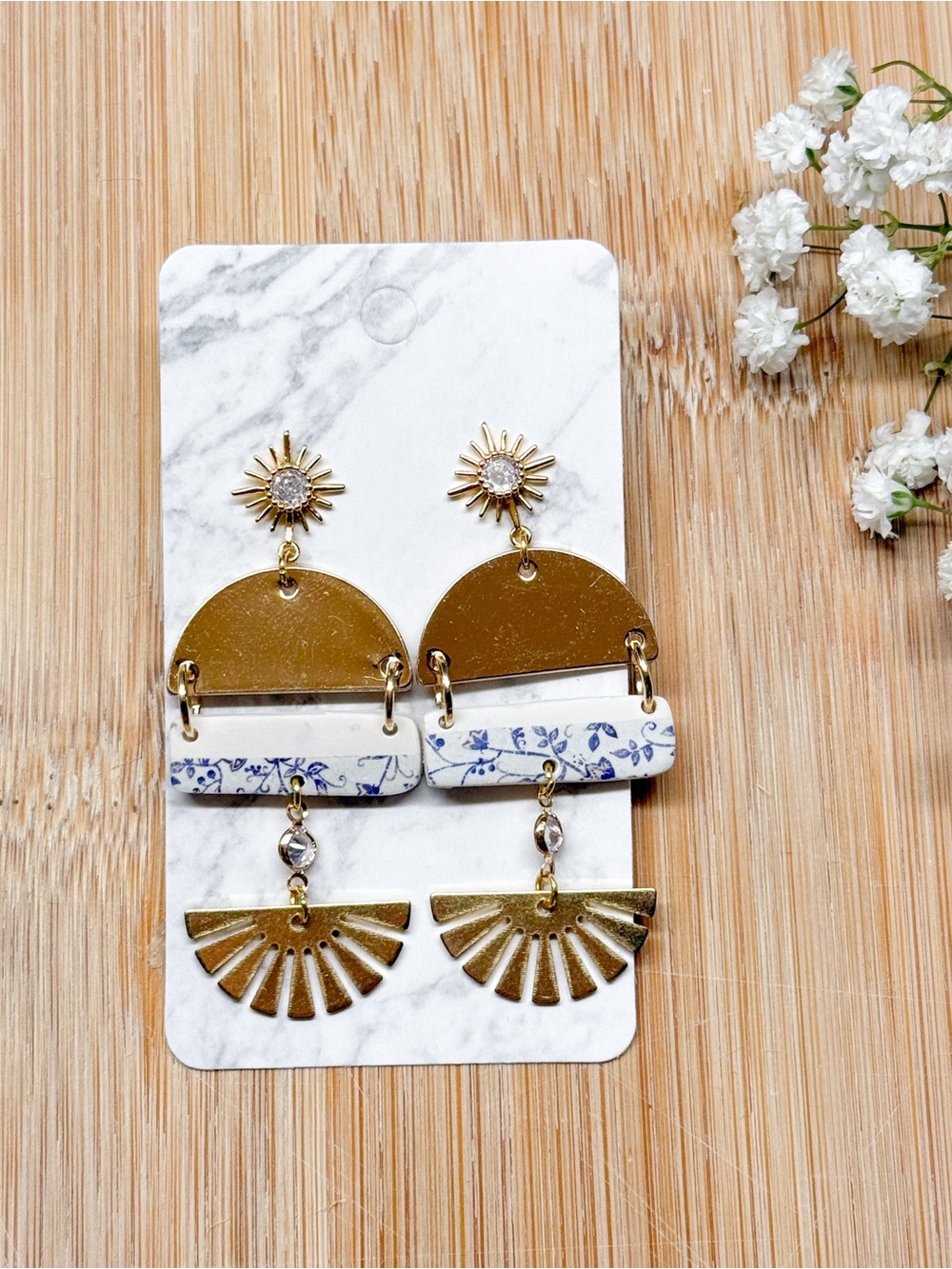 Gold & White Floral Drop Earrings